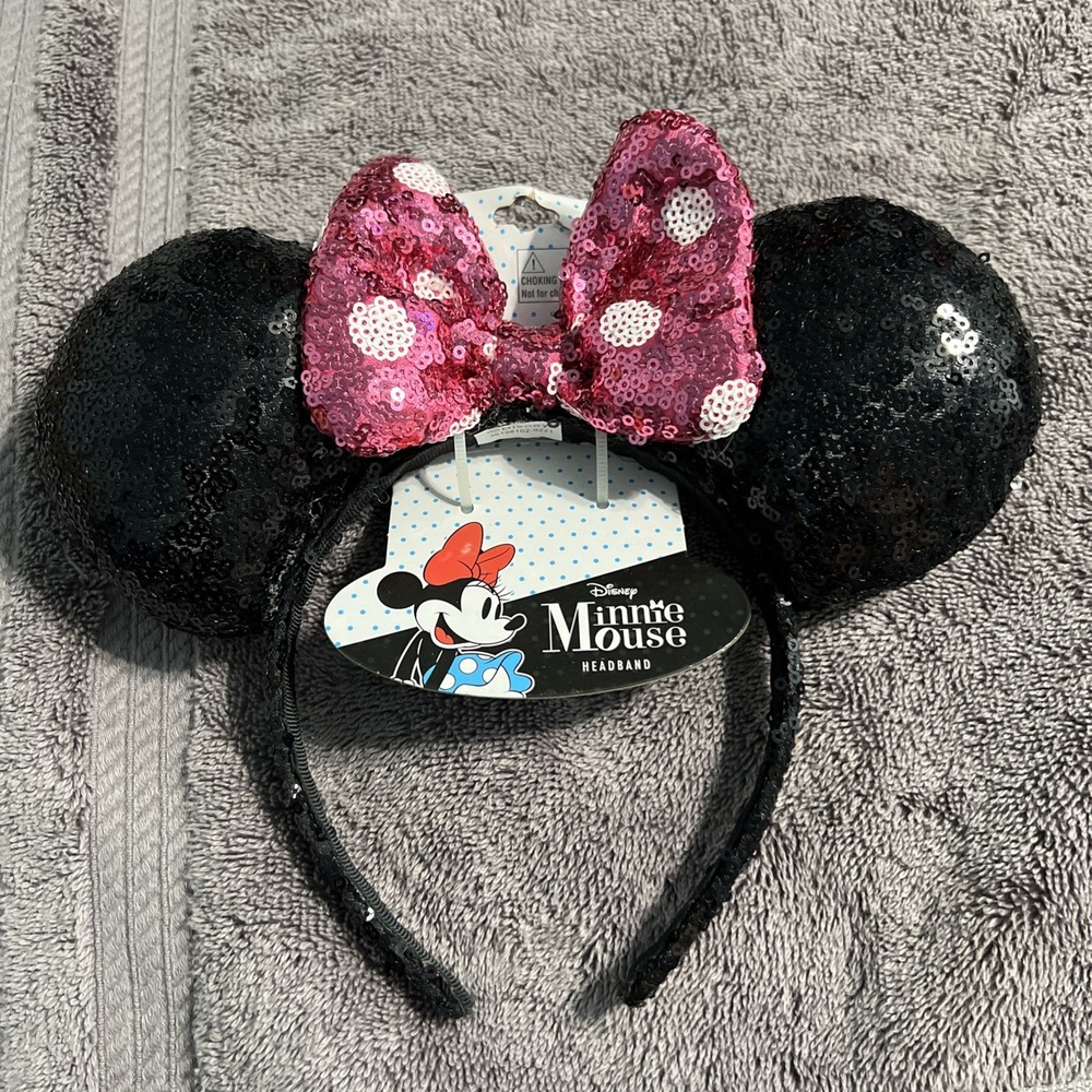 Disney Minnie Mouse Headband Ears Pink‎ Polka Dot Bow Sequins NWT